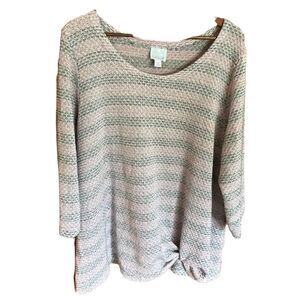 Sunday pink and green striped tunic sweater with twist detail at left front hem